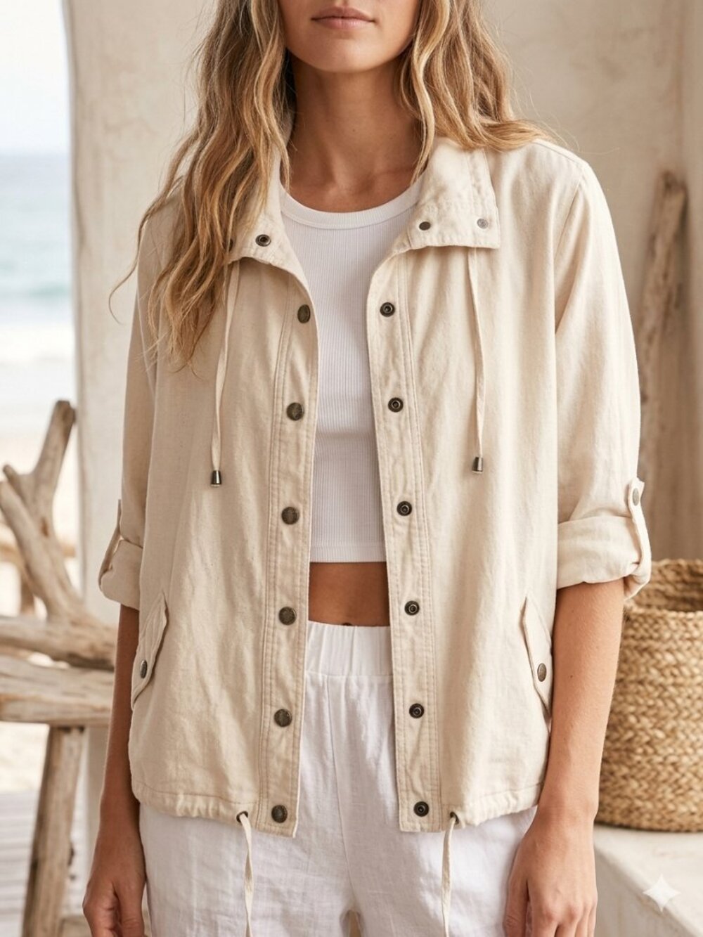 Cottagecore Linen Blend Roll-Tab Sleeve Jacket Top Cream